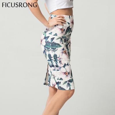 Fashion Spring Summer Style Pencil Skirt Women High Waist Green Skirts Vintage Elegant Bodycon Floral Print Midi Skirt FICUSRONG