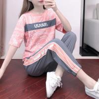 COD DSFGERRTYTRRE ? Spot ? spring and summer new short-sleeved printed loose T-shirt shirt casual pants sport suit women sport casual suit women popular logo fashion summer new style western hip-hop running suit Hong Kong loose two-piece set