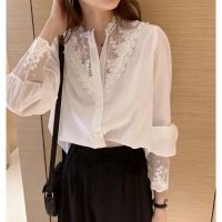 Summer Women Blouse Lace Patchwork Chiffon White Shirt Long Sleeve Button Elegant Office Lady Tops Korean Style Clothes DF4930