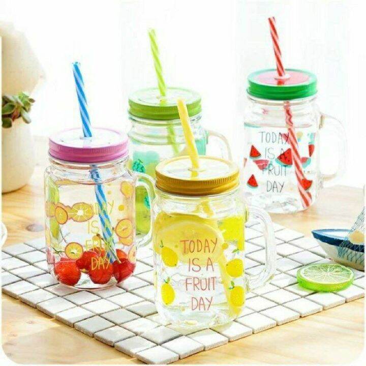 500ml Fruit Jar Tumbler With Straw Summer Collection Glass Wear Mason