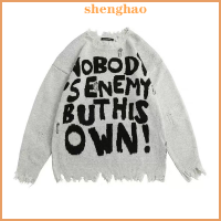 shenghao เสื้อสเวตเตอร์โอเวอร์ไซส์วินเทจถักแบบสวมหัวเสื้อลำลองแนวสตรีท