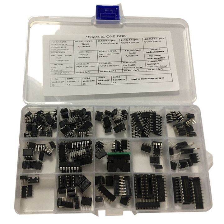 ic-chip-assortment-150pcs-opamp-oscillator-pwm-pc817-ne555-lm358-lm324-jrc4558-lm393-lm339-ne5532-incl-sockets