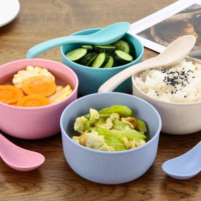 Wheat Straw Spoon Bowl Set Portable Tableware Bowl Spoon Household Children Tableware Outdoor Tableware Wheat Bowl Candy Color