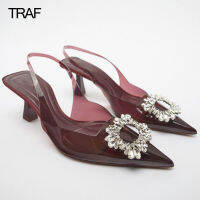 TRAF ผู้หญิงส้น2023 Rhinestone ส้นโปร่งใสปั๊มผู้หญิงกระจก LuxuryShoes ผู้หญิงฤดูใบไม้ผลิฤดูร้อนส้นมุกล้างส้น