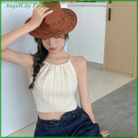 AngelCity Fashion Store Halter คอถัก Cropped TANK Crop Tops กลวง-ออก laced กลับแขนกุด