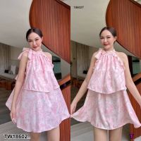 J18602 เดรสสั้น แต่งระบายรอบแขน ผูกโบว์คอ แต่งระบาย 2 ชั้น Short dress, neck tie, 2 layers of ruffles