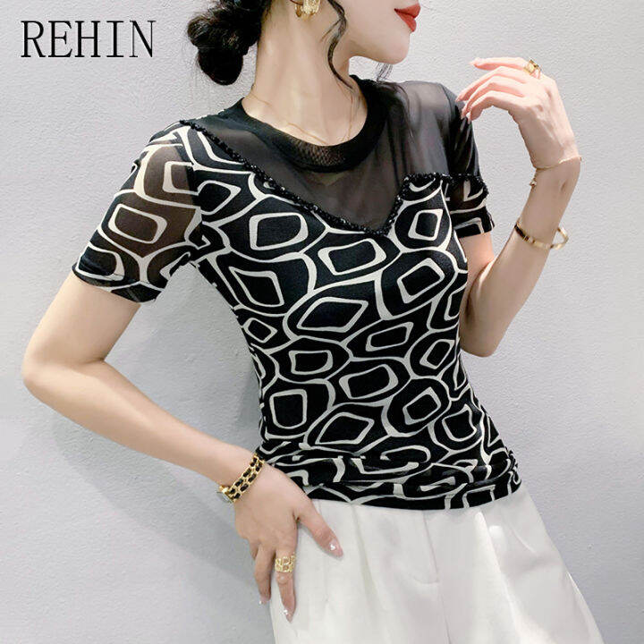 rehin-เสื้อยืดผู้หญิง-เสื้อยืดแขนสั้นพิมพ์ลายตาข่ายลูกปัดติดคอกลมสไตล์เกาหลีแบบใหม่แฟชั่นฤดูร้อน