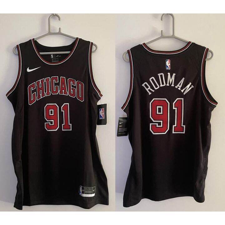 Original NBA Heat Pressed Men's Black Chicago Bulls 91 Dennis Rodman