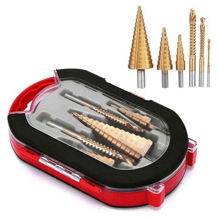 ดอกสเต็ป-ทรงเจดีย์-เจาะขยาย-คว้านรู-ขนาด-4-32-มม-step-drill-titanium-6-pcs-set