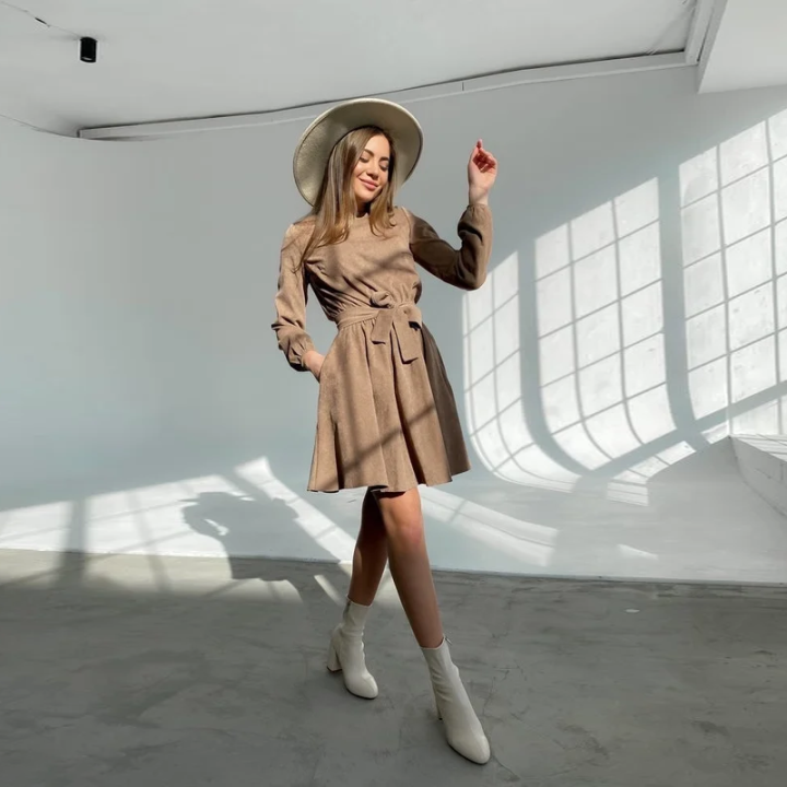 women-vintage-sashes-corduroy-a-line-mini-dress-long-sleeve-o-neck-khaki-color-elegant-casual-party-dress-winter-new-dress