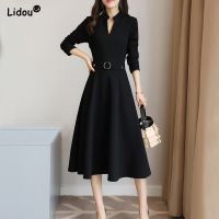 ZZOOI Elegant Fashion V-neck Slim Premium Black Long Sleeve Knee-length A-LINE Dress Solid Color Empire Sashes Formal Womens Clothing