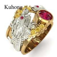 Kuhong 1PCผู้ชายผู้หญิงUnisexประณีตTwo Toneสีเหลืองทองดีมังกรนำโชคพวกกุญแจรูปปลาคาร์พสไตล์ชาติพันธุ์พลอยเทียมคริสตัลสีแดงแหวน