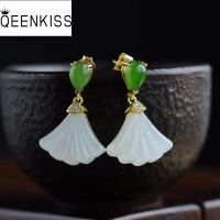 QEENKISS EG5245 Fine Jewelry Wholesale Fashion Woman Bride Mother Birthday Wedding Gift Vintage Fan Jade 24KT Gold Stud Earrings