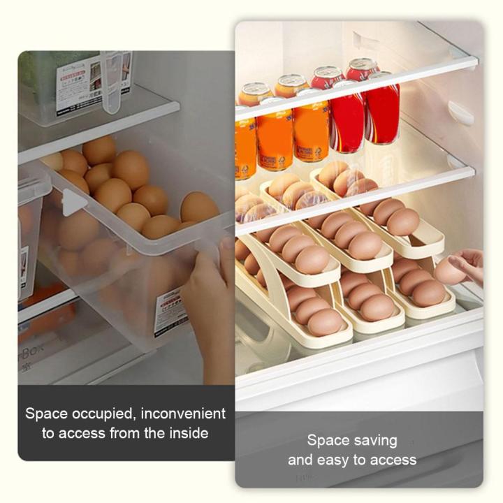 เลื่อนอัตโนมัติผู้ถือตู้แร็คไข่กล่องเก็บไข่ตะกร้าคอนเทนเนอร์ตู้เย็นไข่สำหรับห้องครัว