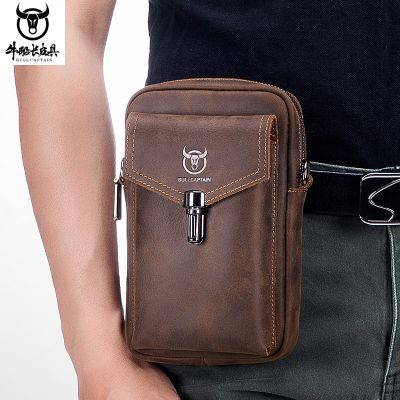 Famous Brand Crazy Horse Leather Mens Bag Male Shoulder Bag Multifunctional 7-Inch Mobile Phone Bag Belt Bag Messenger Bages