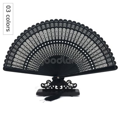 【CW】 Free Shipping 1pcs Black Round Geomitric Pattern Carved Full Bamboo Folding Hand Fan Home Decoration Accessories