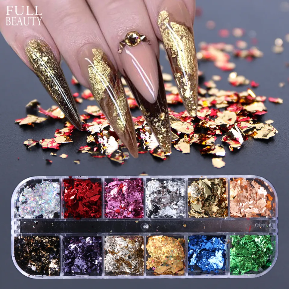Aluminum Foil Sequins For Nails Golden Silvery Irregular Glitter Flakes  Mirror Chrome Powder Manicuring Winter Decorations, Free Shipping For New  Users