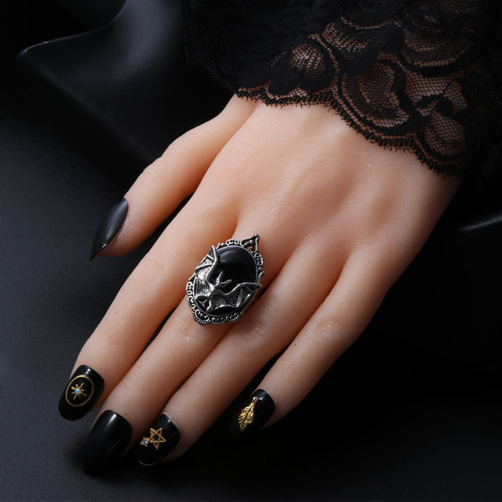 okdeals-แหวนแม่มดโกธิคแหวนแฟชั่นสตรีสีดำปรับได้สำหรับเป็นของขวัญเทศกาลปาร์ตี้เครื่องประดับฮาโลวีนค้างคาว