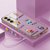 เคสพร้อมปลอกสำหรับ Samsung M14 5G M14 5G (ฟรีสายคล้อง) ลายการ์ตูนน่ารักมอนสเตอร์ตัวน้อยขอบสี่เหลี่ยมลวดลายปลอกชุบเคลือบเคสโทรศัพท์เคสโทรศัพท์นิ่มสุดหรู