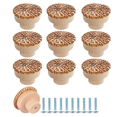 10Pcs Boho Rattan Dresser Knobs, Round Wooden Drawer Knobs Pulls for Boho Furniture Decorative, (10 Knobs and 10 Screws)