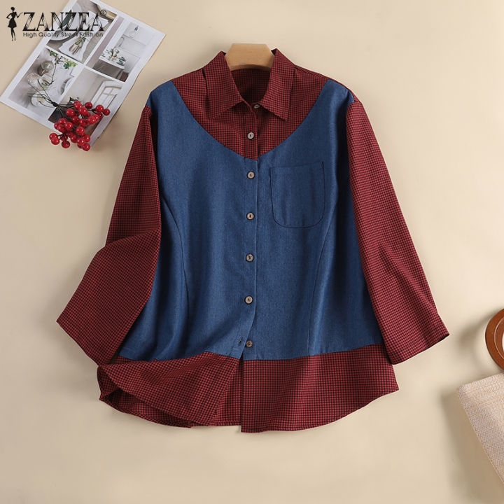 สินค้ามาใหม่-จัดส่งฟรี-fancystyle-zanzea-มุสลิมผู้หญิงมุสลิมเย็บลายตารางเสื้อเชิ้ตผ้าเดนิมเปิดลง-ปกเสื้อ