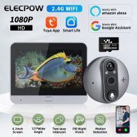 Elecpow Smart Tuya 1080P กล้องตาแมวตาออดไร้สายวิดีโอ4.3นิ้วตรวจจับการเคลื่อนไหว PIR Alexa Google เครื่องดูประตูดิจิตอล