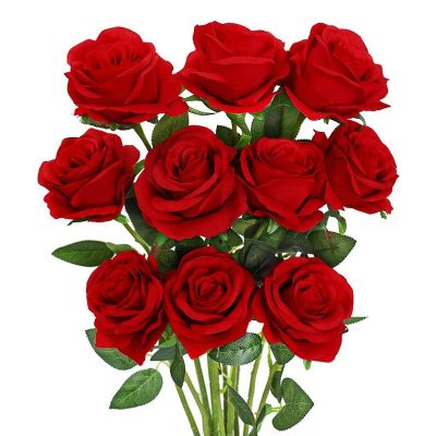 Artificial Rose Flower Red Silk Roses with Stem Flowers Bouquet Wedding Party Home Decor, Pack of 10 (Red)