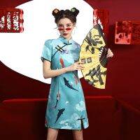 【 Bebo 】Short Sleeve Vintage Print Cheongsam Dress Women Summer Short Sleeve Slim Stand Collar Chinese Style Mini Dress Ladies Qipao