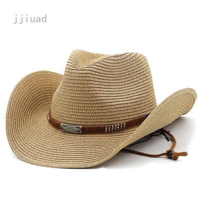 Jjiuad หมวกฟางสาน สไตล์คาวบอยตะวันตก คลาสสิก ฤดูร้อน สําหรับผู้หญิง ผู้ชาย
