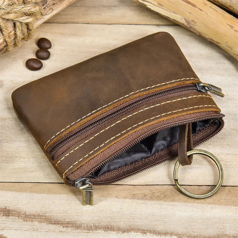 Vintage Crazy Horse Leather Men Coin Purse Genuine Leather Zipper Coin  Wallet Retro Key Holder Small Money Bag Clutch Bag Short