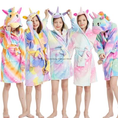 {Xiaoli clothing} ยูนิคอร์นเสื้อคลุมอาบน้ำสำหรับสาวๆเด็กเสื้อคลุมด้วยผ้าเด็กชุดนอน Kigurumi ชุดนอนที่มีสีสันผ้าขนหนูเสื้อคลุมเด็ก P Eignar