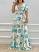 Floral Print Flare Short Sleeve V Ncek Casual Maxi Dress Women