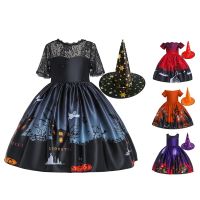 Pickmine 2022 NEW Toddler Girl 2Pcs Halloween Costume, Short Sleeve Cartoon Print Dress + Witch Hat Set