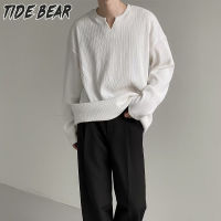 TIDE BEAR เสื้อยืดแขนยาวผู้ชายเสื้อยืดแขนยาวคอวีแฟชั่นลำลองทรงหลวมเสื้อลายทางสำหรับผู้ชายแขนยาวฤดูใบไม้ผลิและเสื้อกันหนาว