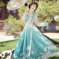 Hanfu ชุดเดรสโบราณดั้งเดิมสีเขียวสีแดงสำหรับผู้หญิงชุดเจ้าหญิงโอเรียนเต็ลชุดเต้นรำแบบราชวงศ์ถังราชวงศ์ถังสง่างาม