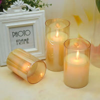 Led Flameless Candles Battery Operated Pillar candle light Flickering Moving Wick Gold Glass Set Remote Control wCycling timer