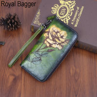 TOP☆Royal Bagger Genuine Cow Leather New Fashion Women Girls Long Wallet Purse Super Hot High Capacity Retro Flower Clutch Bag Handbag Womens Multifunction Bags Casual Multi-Card Position Wallets