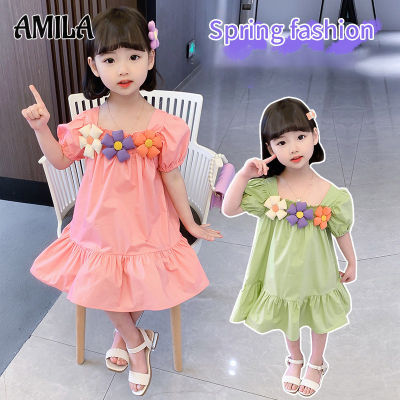 AMILA กระโปรงคอสี่เหลี่ยมสำหรับเด็กชุดเจ้าหญิงแสนหวานแฟชั่นชุดสไตล์ตะวันตกน่ารักใหม่สำหรับเด็กผู้หญิง
