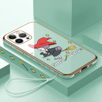 เคสสำหรับ Apple โทรศัพท์ iPhone 15 Plus 15 Pro 15 Pro Max ฟรีสายคล้องลายการ์ตูนแม่มดน้อยขอบสี่เหลี่ยมเคสโทรศัพท์ชุบหรูหราชุบเคสโทรศัพท์นิ่ม