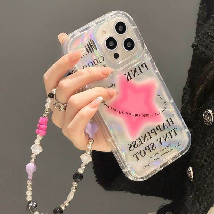 เคสโทรศัพท์มือถือ-แบบใส-ลายดาวสีชมพู-พร้อมสายโซ่คล้อง-สําหรับ-iphone-14-12pro-13promax-xs-xr-7-8plus