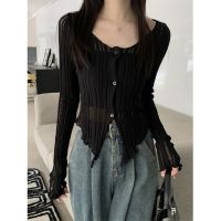 Black irregular thin outer match cardigan long sleeve knitted coat top womens short summer slim fit sun protective blouse