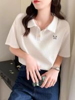 Womens Positive Shoulder Polo Shirt White Short-sleeved T-shirt Ladies Korean Stand-up Collar Half-sleeved Top Ins Niche Design