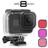 ซองกันน้ำ60ม. สำหรับ Gopro Hero 8สีดำปลอกหุ้มกางเกงในดำน้ำป้องกันสีแดงม่วงชมพู3เลนส์กรองแสง