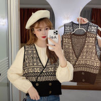 Autumn Suit Womens Hong Kong Style Retro Jacquard Design Double BreastedVCollar Knitted Vest Jacket