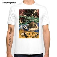 เสื้อยืดคอกลมVintage Demon Slayer T เสื้อสั้นสำหรับผู้ชายแขน Kimetsu ไม่มี Yaiba Nezuko เสื้อยืด Tanjiro Kamado Cal มังงะอะนิเมะของขวัญS-5XL S-5XL