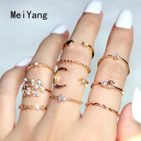 MeiYang 10ชิ้น/เซ็ต Boho แฟชั่นดาวดวงจันทร์แหวนชุดสำหรับผู้หญิงซอกออกแบบรักมุก Rhinestone ใบเปิดแหวนชุด