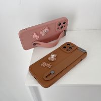 Pink &amp; Brown Bear Doll Wristband Soft Case iP 6 6S 7 8 + Plus X XR SE 2020 XS Max 11 12 13 Pro Max Casing Xiaomi Redmi Note 7 8 Pro