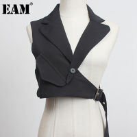 [EAM] Women Black Plaid Irregular Stitch Loose Fit Vest New V-collar Sleeveless Fashion Tide Spring Autumn 2022 1DC530