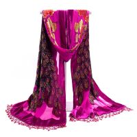 Fashion Green Womens Velvet Silk Beaded Embroidery Shawl Scarf Wrap Scarves Peafowl Mujer Bufanda Chal Size 50 x 190 cm Jsh001D