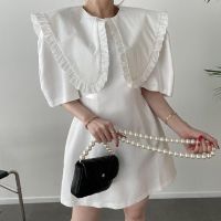 ?Huitou Yada?women white dress เดรสเกาหลี เดรสสายฝอ ชุดเดรสสั้น แขนสั้น สีพื้น สําหรับสตรี เดรสมินิมอล สไตล์เรียบหรู เอวยางยืดหลัง ส่งเร็ว?